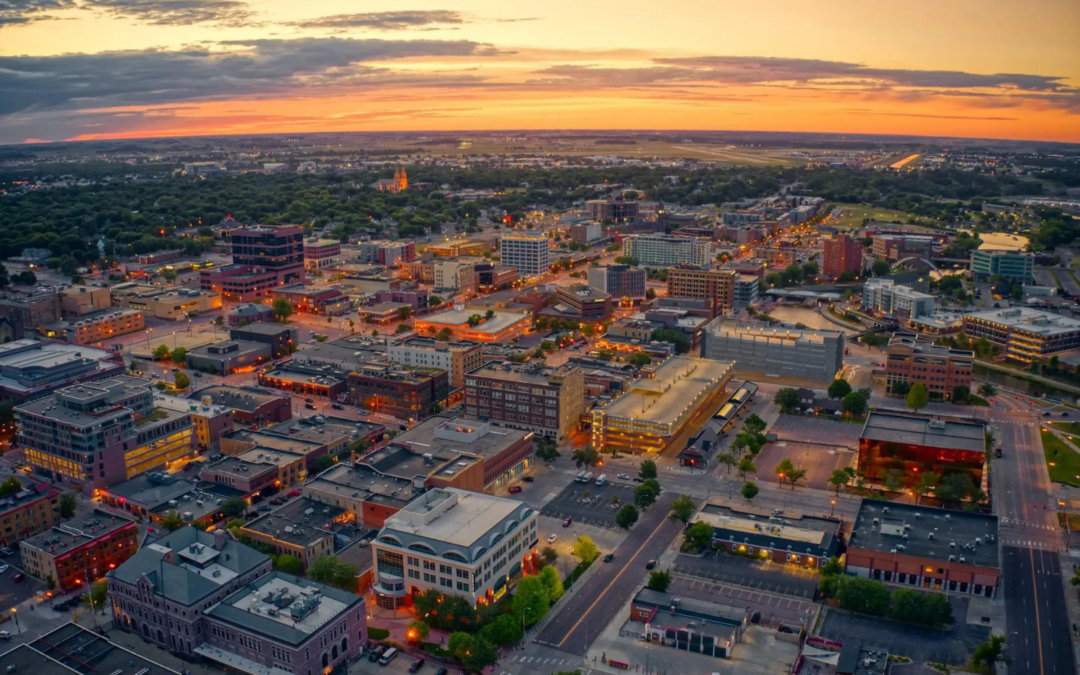 Aerial view of Sioux Falls, South Dakota, with a focus on the Big Sioux River and downtown area